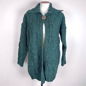 Irish Fisherman Cardigan Sweater Green Wool Size Medium